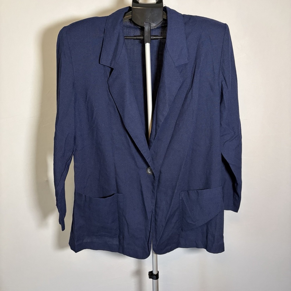VTG Large Willow Bay Blue Linen Blend Blazer Jacket Suit Pads Minimalist Coastal